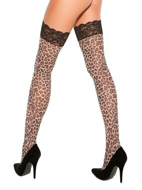 Leopard Print Thigh High Black Lace Top Stockings